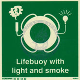 Marine Safety Sign, IMO Life Saving App. Symbol: Lifebuoy With Light & Smoke - With Text